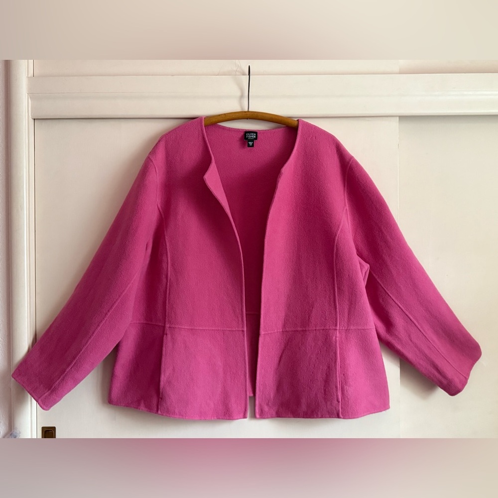 Eileen Fisher Vibrant Pink Open-Front Blazer 3x boiled wool cashmere blend FLAWS